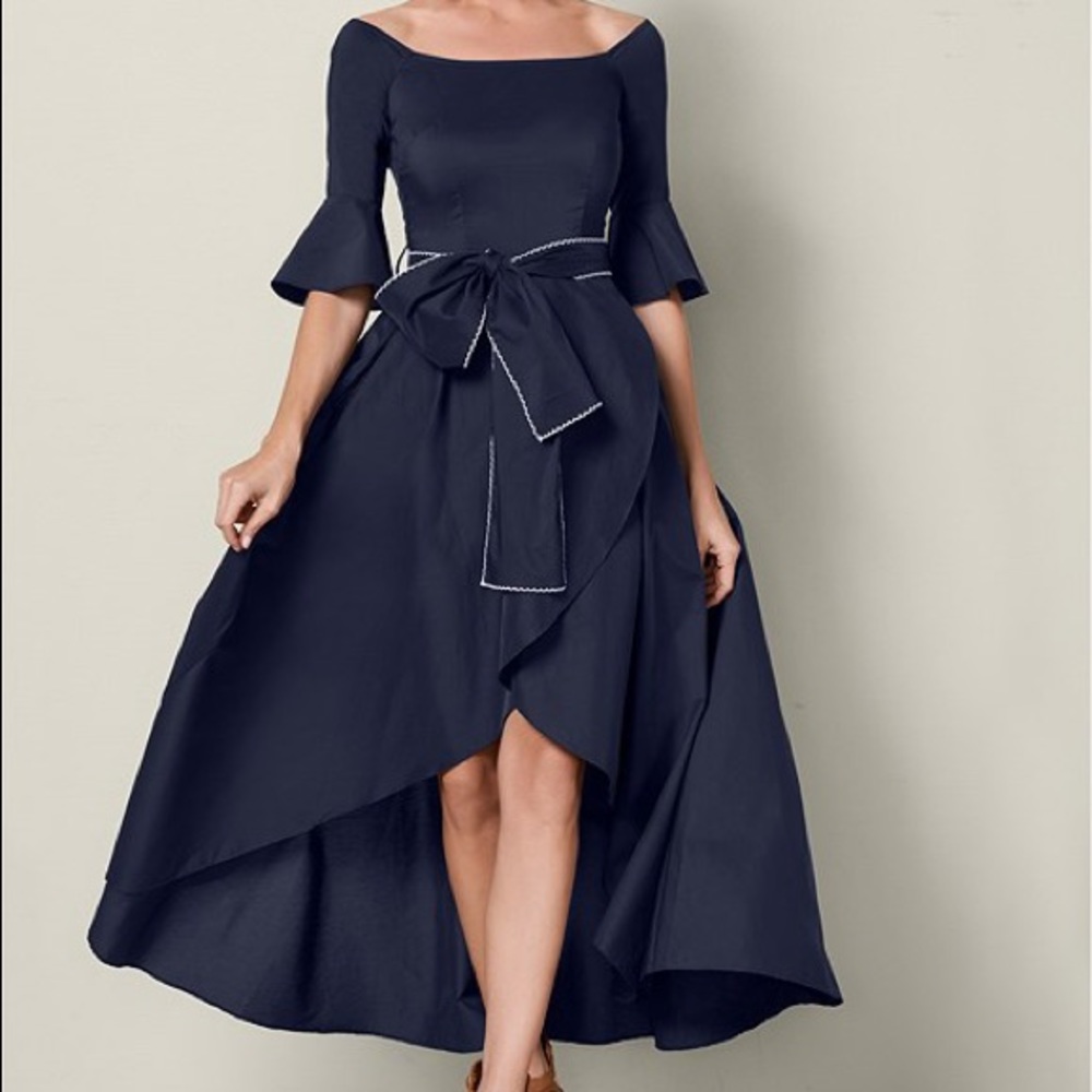VENUS Navy High-Low Off-Shoulder Dress with Bow and pockets.